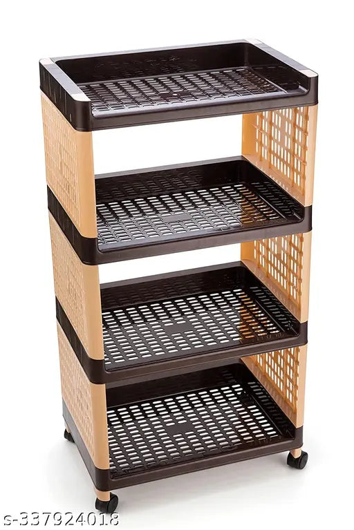 Brown and cream four layer storage organizer, with wheels, suitable for kitchen and office use