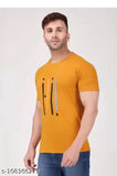 Men's mustard striped polyester half-sleeve T-shirt, regular fit with short sleeves