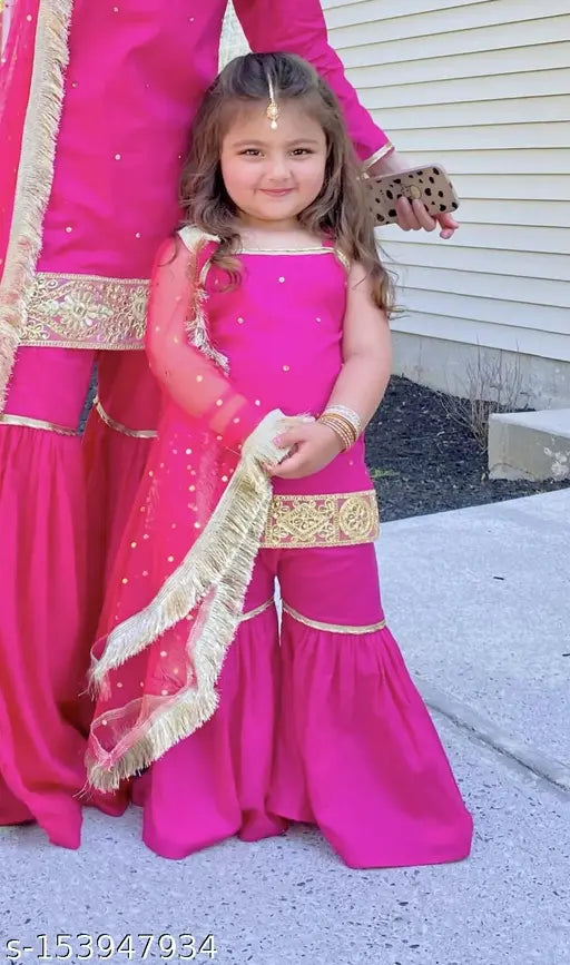 Embellished rayon A-line kurta set with dupatta for kids, Indian ethnic wear in various sizes