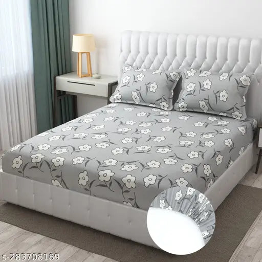 White glace cotton double bedsheet with elastic corners & 2 pillow covers, fit for 6" mattresses