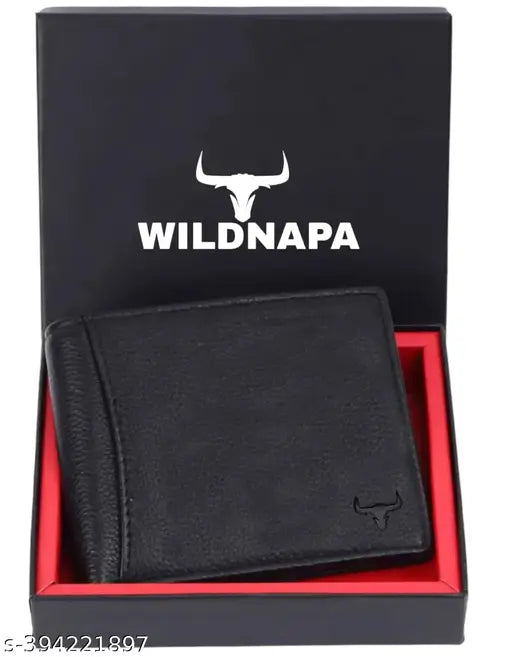 Black genuine leather RFID protected men's wallet with 5 compartments, featuring RFID blocking security and gift boxed for festive gifting