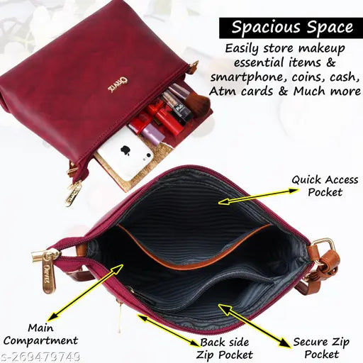 Elegant Orviz women's sling bag, black leather with gold zippers and phone card pocket