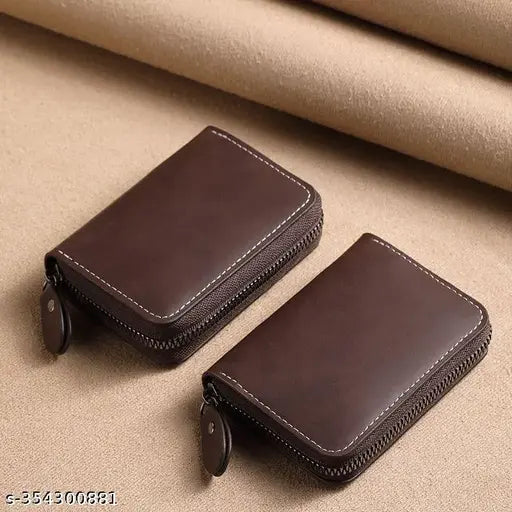 Brown leather men's and women's zipper credit debit card holder wallet, imported 9-slot vertical design for coins and 5 compartments
