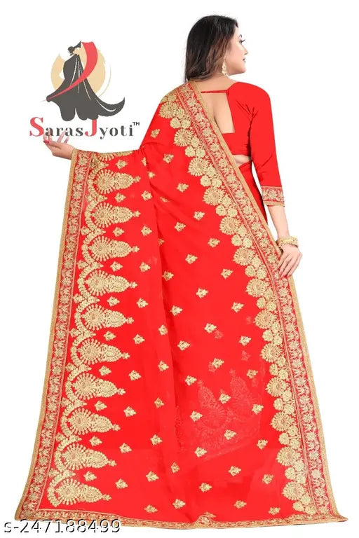 Red designer saree with embroidery