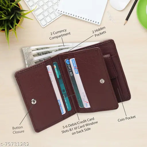 Artificial leather wallet, solid pattern, 7 card slots. Men & Women casual wallet on brown background (India origin)