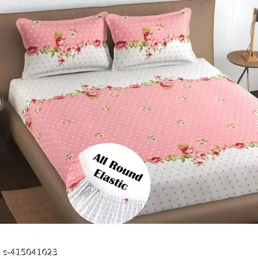 Pink premium cotton feel elastic fitted bedsheets (72 x 78 inches) with 2 king size pillow covers, floral print
