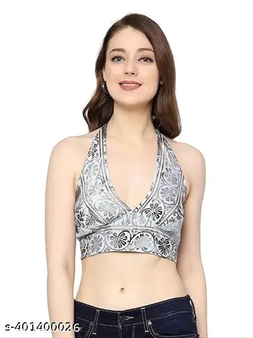 Gold plated art silk relaxed fit halter top on fashionable woman, free size with 42in bust & 18in length