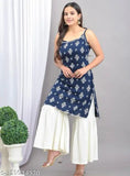 Rayon printed net sleeveless kurta with palazzos, fashionable women's dress set for various sizes S-XXL, made in India
