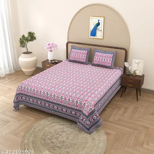 CLOTHOLOGY 180 TC 100% Cotton King Size Bed Jaipuri Prints Printed Flat Bedsheet with 2 Pillow Covers, (Pack of 1), Popularly Known as (100x108) Bed Sheet King Bed Cotton