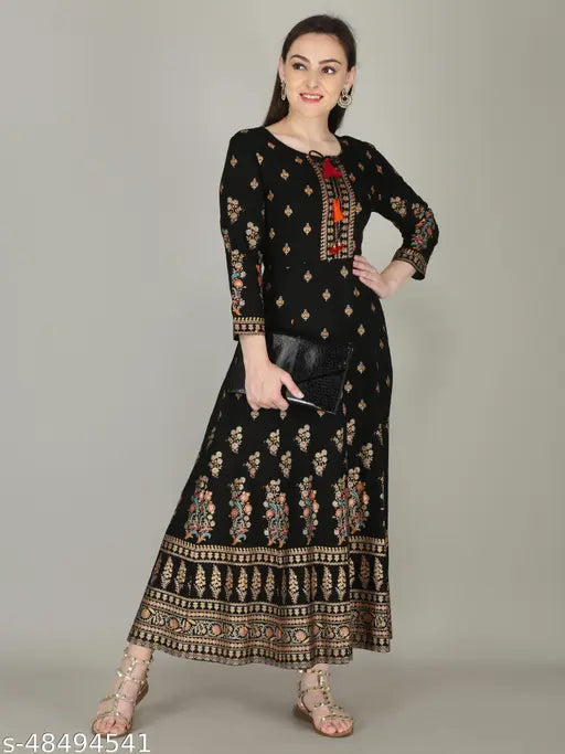 Gold-printed black rayon Anarkali kurtis for women and girls, three-quarter sleeve length, attractive printed combo on display