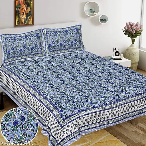 Jaipuri King Size Cotton Double Bedsheet (90x108), ethnic motifs, 2 pillow covers included, ideal for summer adult use