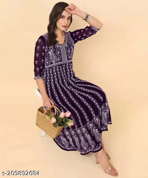 Georgette Chikankari kurti in three-quarter sleeves, Indian traditional women's fashion