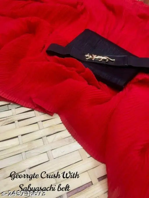 A red chiffon fabric with a black Jaguar belt, as seen in the image
