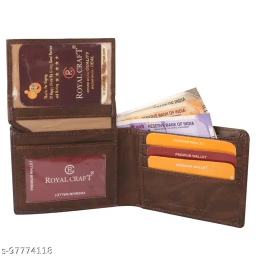 Faux leather/leatherette Classic World Stylish Fancy wallet for men, solid pattern with 2 compartments for daily use of cards, coins, and cash. Ideal gift for men and friends. Brown wallet on a surface