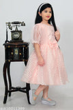 Peach chiffon frock for girl with ruffled sleeves and waist, displayed on wooden stand