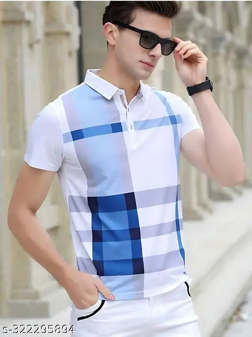Autna men's contrast printed half sleeve cotton blend polo neck T-shirt, short sleeves, size S (18in chest, 26in length), checkered pattern