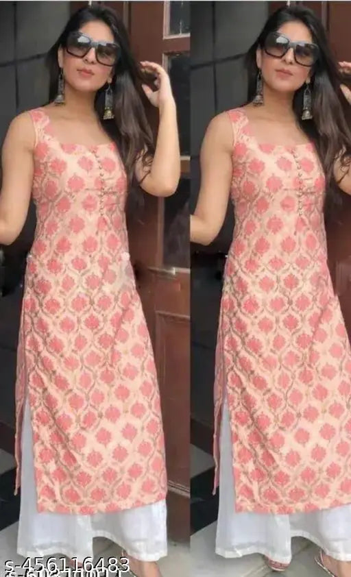 Rayon sleeveless printed kurti with peach design and frant battan pattern, single size options available