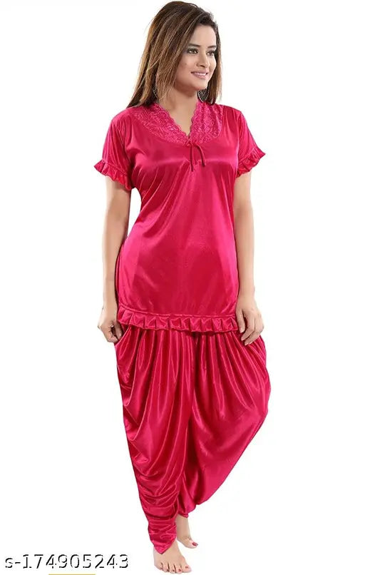 Pink satin pyjama top set, solid nighty, nightdress suit for women