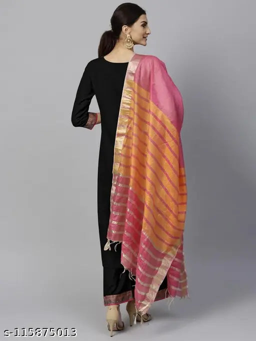 Women's black cotton blend kurti set with dupatta and bottomwear, solid pattern on display