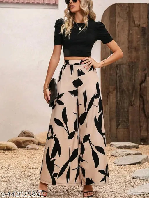 Printed net polyester short-sleeved coord set for women, floral high waist pants with wide legs for spring & fall (S:36-44-32, M:38-44-34, L:40-44-36, XL:42-44-38, XXL:44-44-40)
