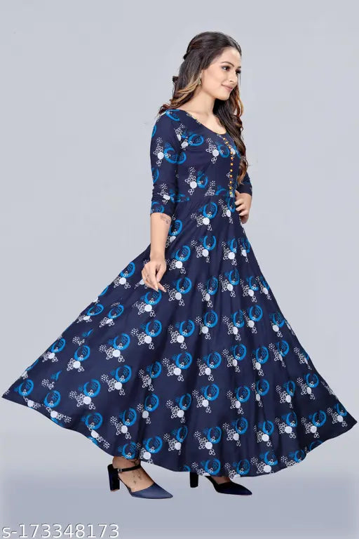 Long kameez with bandhani print in navy blue fabric, sleeveless style, crew neck