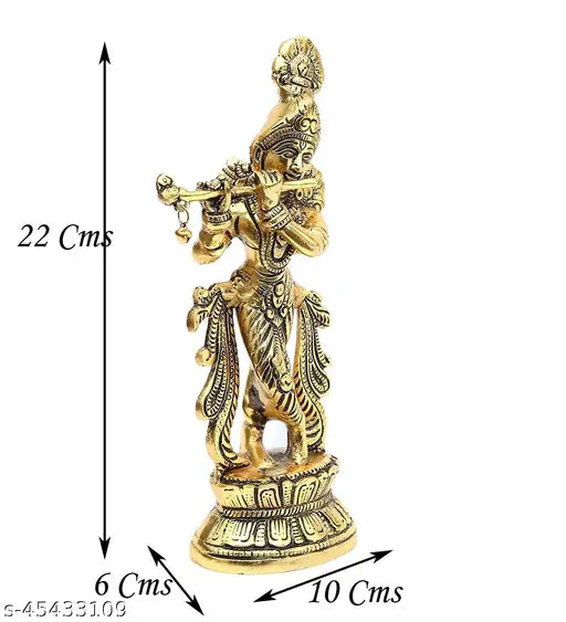 Gold-plated Indian Krishna idol playing Bansuri, ornamental showpiece, 6cm x 22.5cm x 10cm