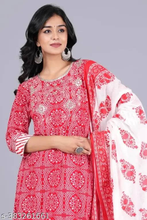 Rayon embroidered Anarkali kurti set with pant and dupatta in vibrant Indian prints, three-quarter sleeves. Single ethnic wear for M, L, XL, XXL