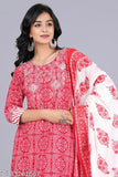 Rayon embroidered Anarkali kurti set with pant and dupatta in vibrant Indian prints, three-quarter sleeves. Single ethnic wear for M, L, XL, XXL