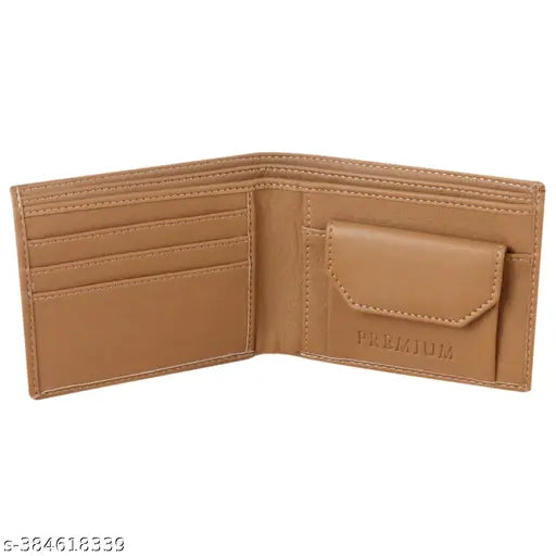 Beige faux leather RFID protected wallet for men, 5 card slots, coin pocket, hidden pockets. Durable and compact genuine leather wallet with ample storage, ideal for everyday use in India