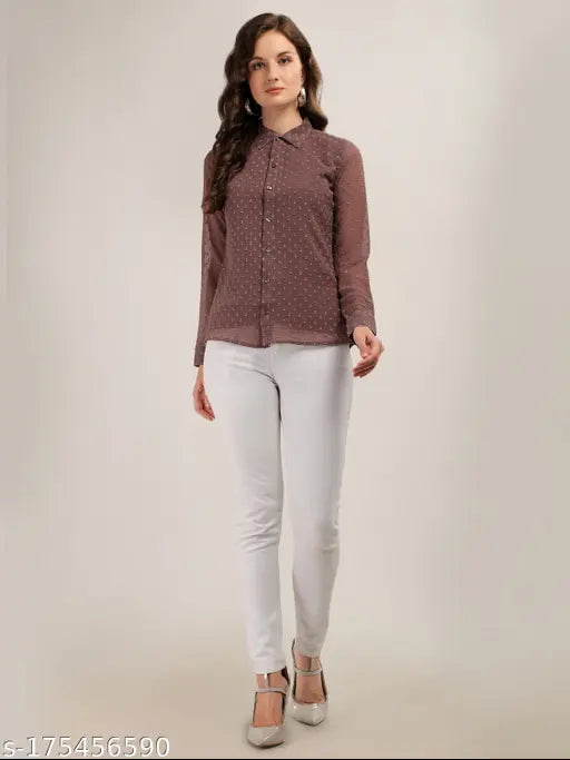 Georgette polka dot top with three-quarter sleeves, Indian-made, casual wear