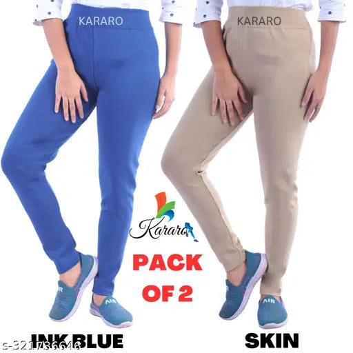 Women's cotton blend jeggings pack of 2 - Stylish, comfortable, and lightweight jeans with a solid color, made from OE fabric (hoseiery cotton waste recycled). Sizes available include 26, 28, 30, 32, 34, and Free Size. Origin: India