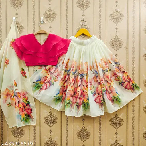 Red georgette embellished lehenga set for girls, floral print, India