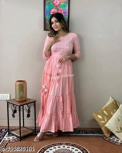 Pink cotton three-quarter sleeve Luricus gown, single solid design, premium 6XL and 7XL sizes. Indian embroidered women's formal wear