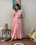Pink cotton three-quarter sleeve Luricus gown, single solid design, premium 6XL and 7XL sizes. Indian embroidered women's formal wear
