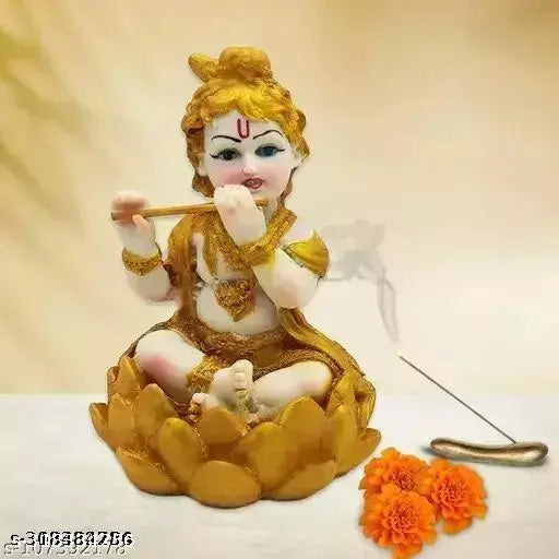 Poly resin Krishna idol, 13 CM tall, sitting on lotus and playing Murli - home decor, car dashboard showpiece