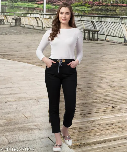 Black stretchable premium denim baggy jogger jeans, elastic waist, ankle cuff, high waist, plus size, women's, denim, jogger, jeans