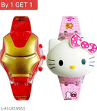 Multicolored Iron Man and Hello Kitty watch with disco lights, music player function and adjustable wrist strap, suitable as a gift for boys and girls