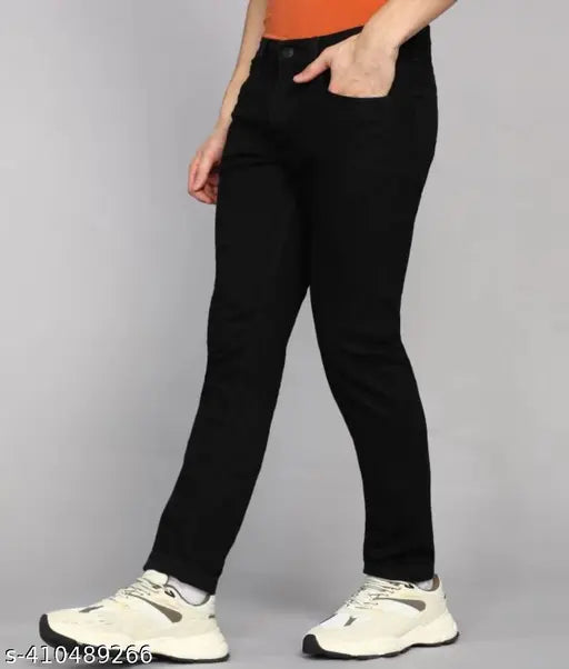 Men's plain black cotton-blend jeans with solid pattern, size 28/30/32/34/36 available. Close-up image showcases classic denim style