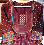 Maroon rayon Anarkali Gown with embroidered yog, 3/4 sleeves, foil print, available in various sizes from M to 6XL
