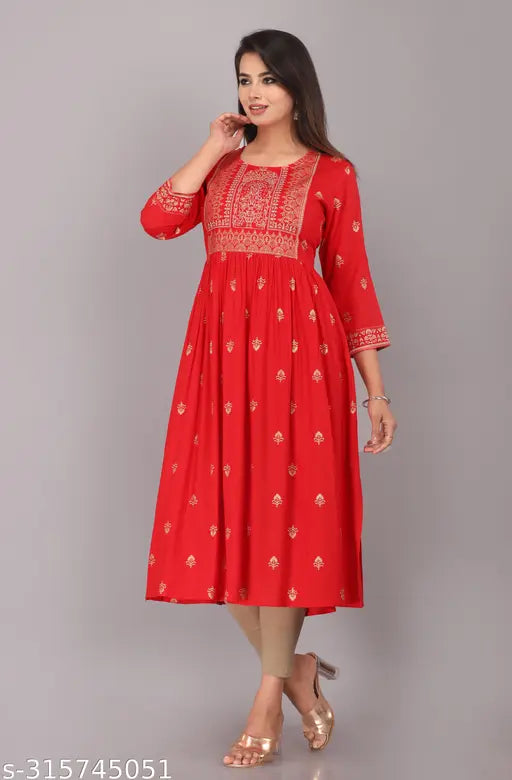 Rayon embroidered party kurti with three-quarter sleeves, printed combo. S, M, L, XXL sizes available. Indian design