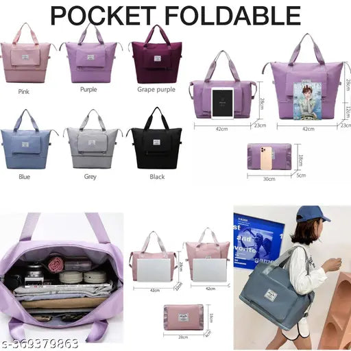 Purple and black expandable travel bag with waterproof feature, multiple pockets and compartments