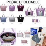 Purple and black expandable travel bag with waterproof feature, multiple pockets and compartments