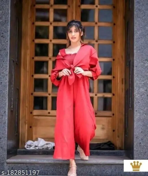 Fashionable dark red crepe two-piece jumpsuit with three-quarter sleeves - Confident, stylish outfit for parties, weddings, or everyday wear. Indian-made." (124 characters)