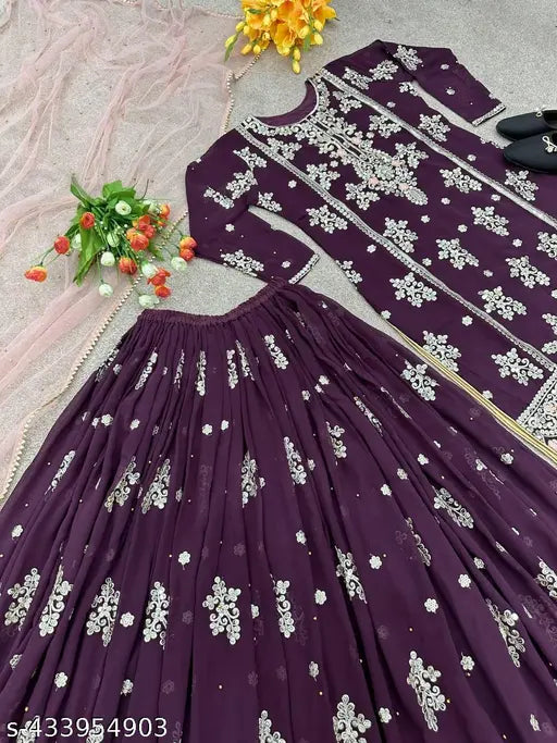 Lavender floral designer party wear, heavy embroidered top and dupatta with matching jewelry set