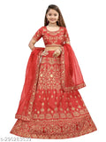 Red Banglory velvet & silk blend semi-stitched Lehenga Choli for girls (age 3-12 years), embroidered with net and lace, festival wear