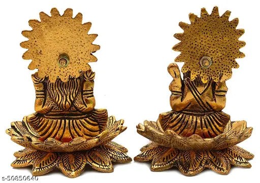 Artic gold metal Lord Ganesh and Lord Laxmi idol statue on lotus flower murti, intricate design, 8 x 8 x 10 cm, pooja figurine for home decor