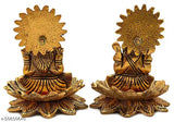Artic gold metal Lord Ganesh and Lord Laxmi idol statue on lotus flower murti, intricate design, 8 x 8 x 10 cm, pooja figurine for home decor