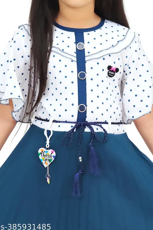 Blue cotton dress with white polka dots and black buttons