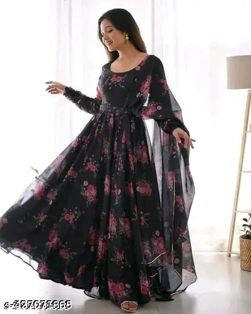 Black Krishna print Georgette long-sleeved dress, Indian traditional fashion on mannequin