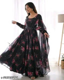 Black Krishna print Georgette long-sleeved dress, Indian traditional fashion on mannequin